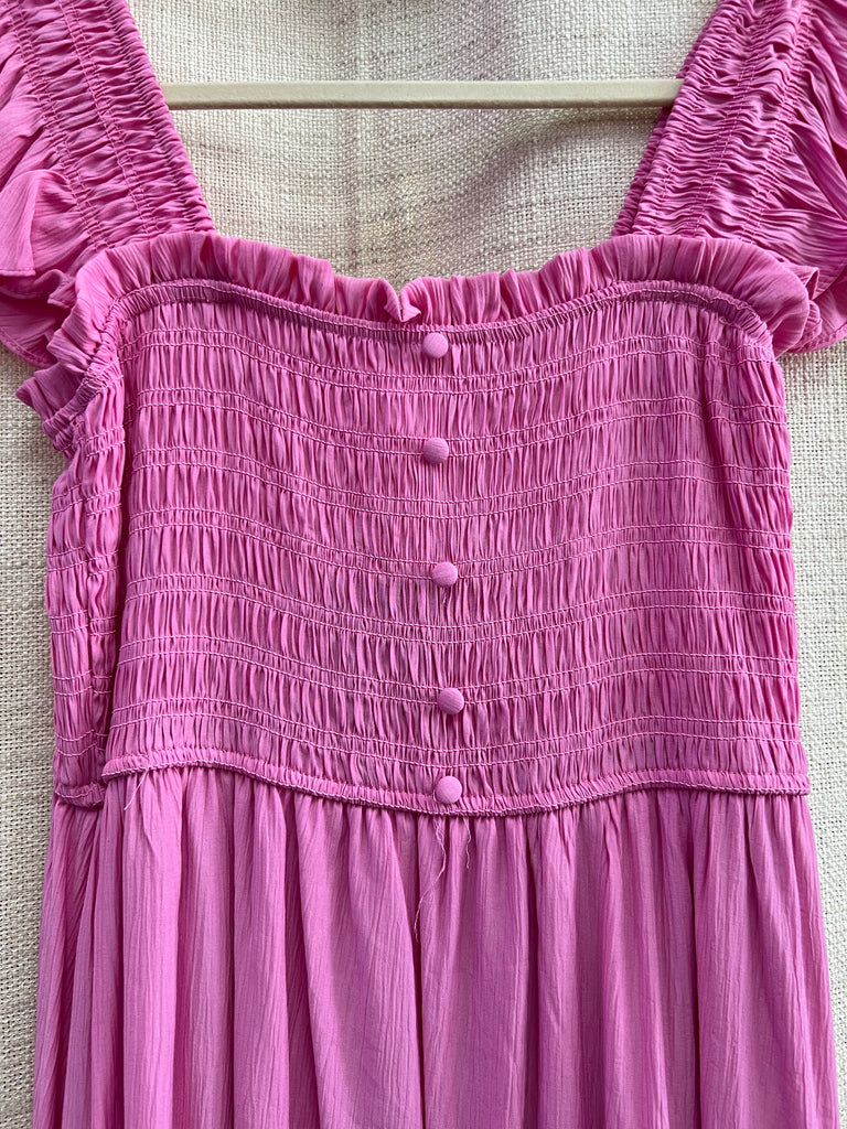 Mock Button Down Smocked Ruffle Detail Midi Dress