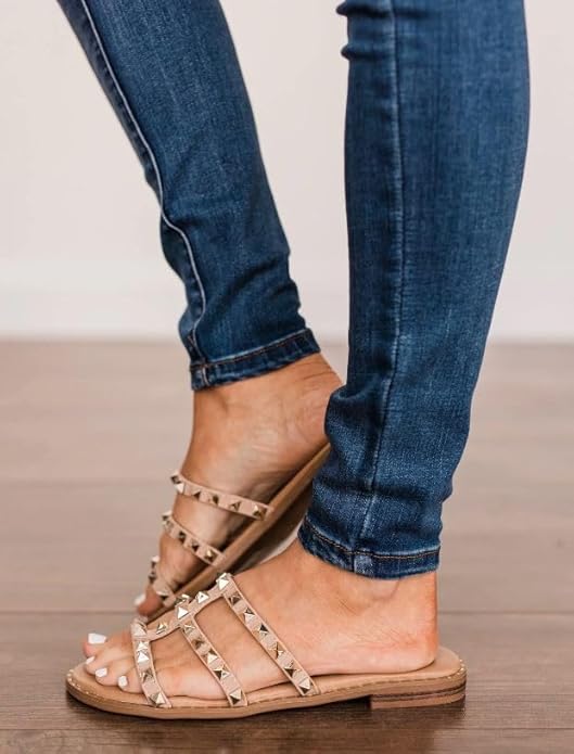 Forever Shoes Women Gladiator Sandals Studded Slip On Flat Flip Flops