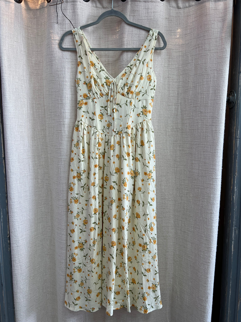 Floral V Neck Sleeveless Corset Midi Dress