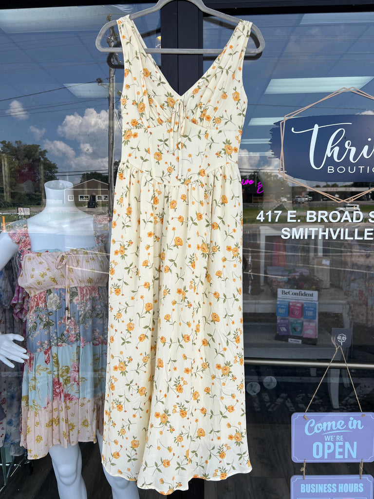 Floral V Neck Sleeveless Corset Midi Dress