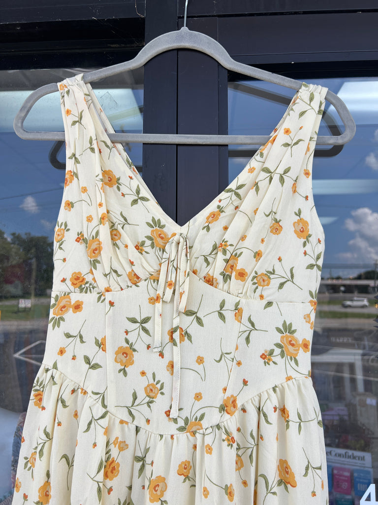 Floral V Neck Sleeveless Corset Midi Dress