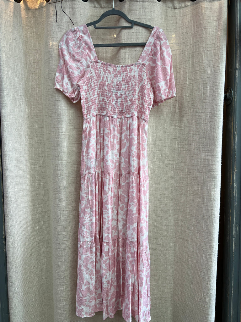Floral Puff Sleeve Smocked Tiered Midi Dress