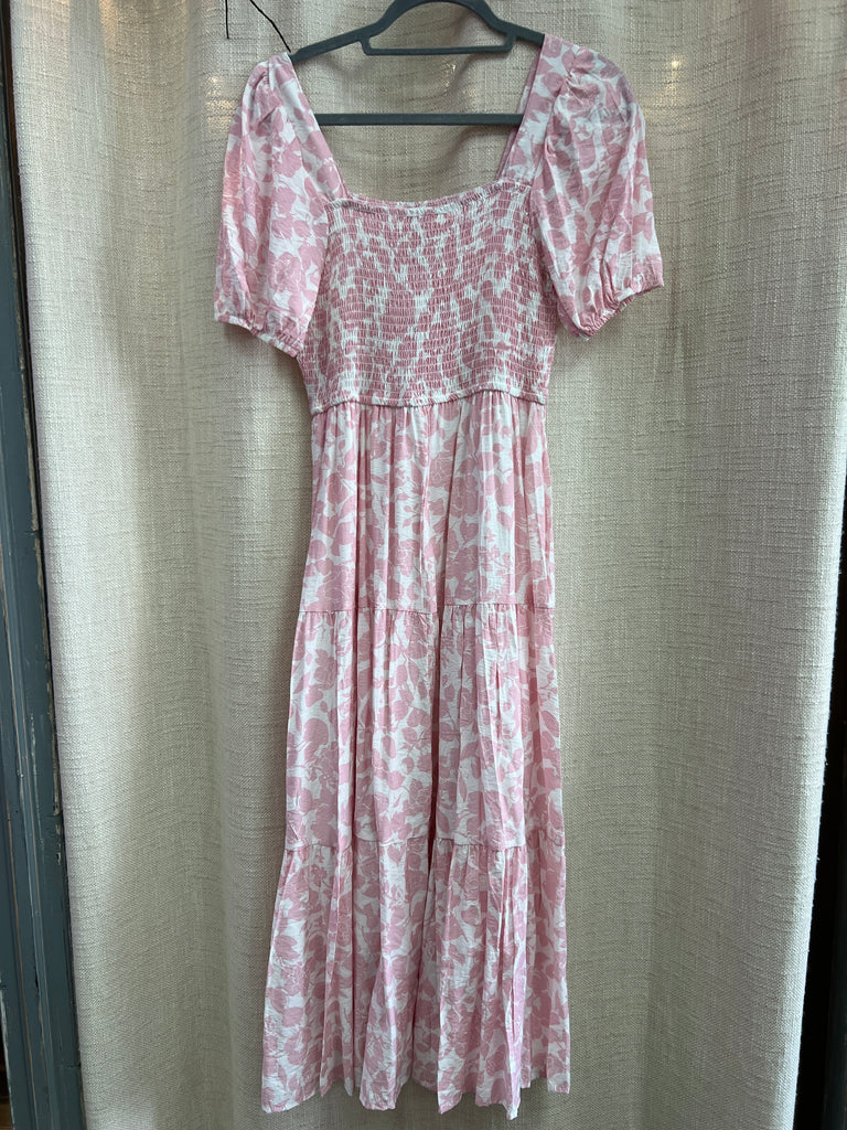 Floral Puff Sleeve Smocked Tiered Midi Dress