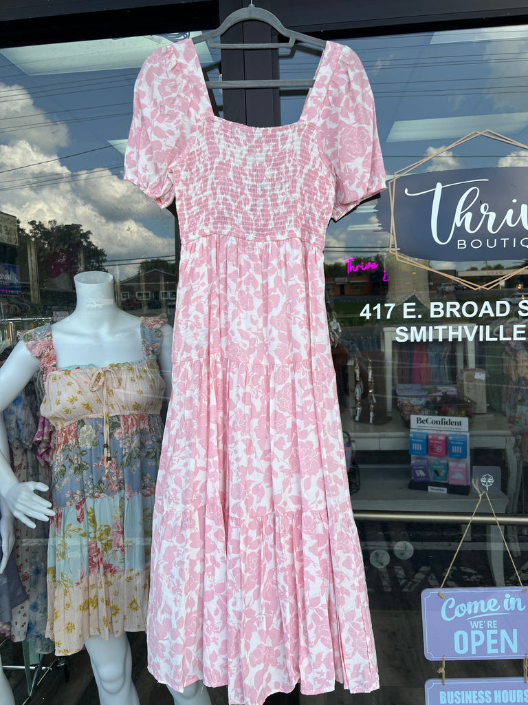 Floral Puff Sleeve Smocked Tiered Midi Dress