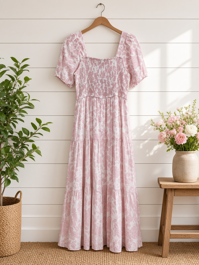 Floral Puff Sleeve Smocked Tiered Midi Dress