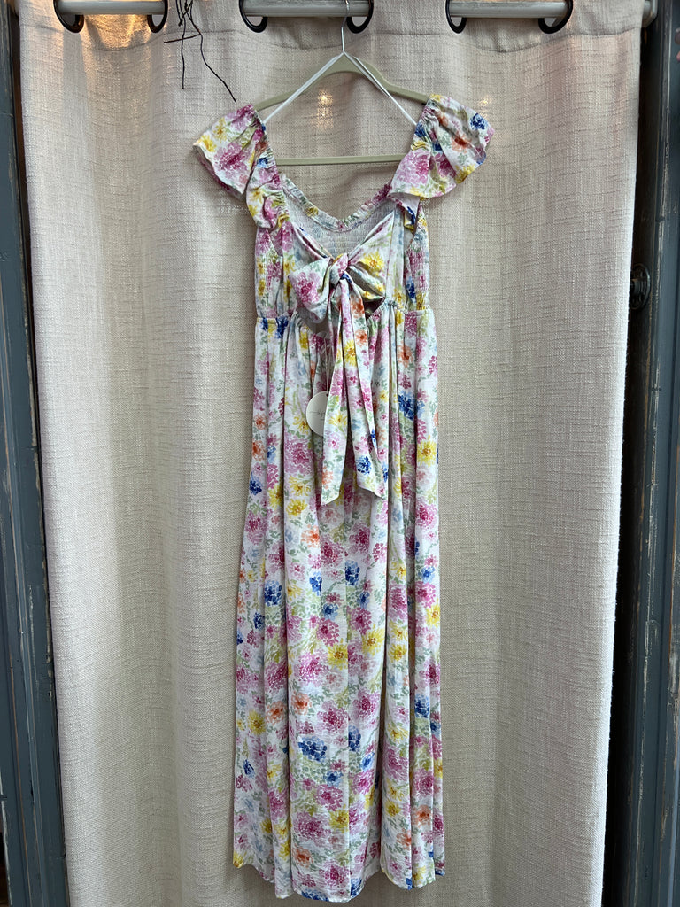Pop Of Color Floral Smocked Maxi Dress With Bow