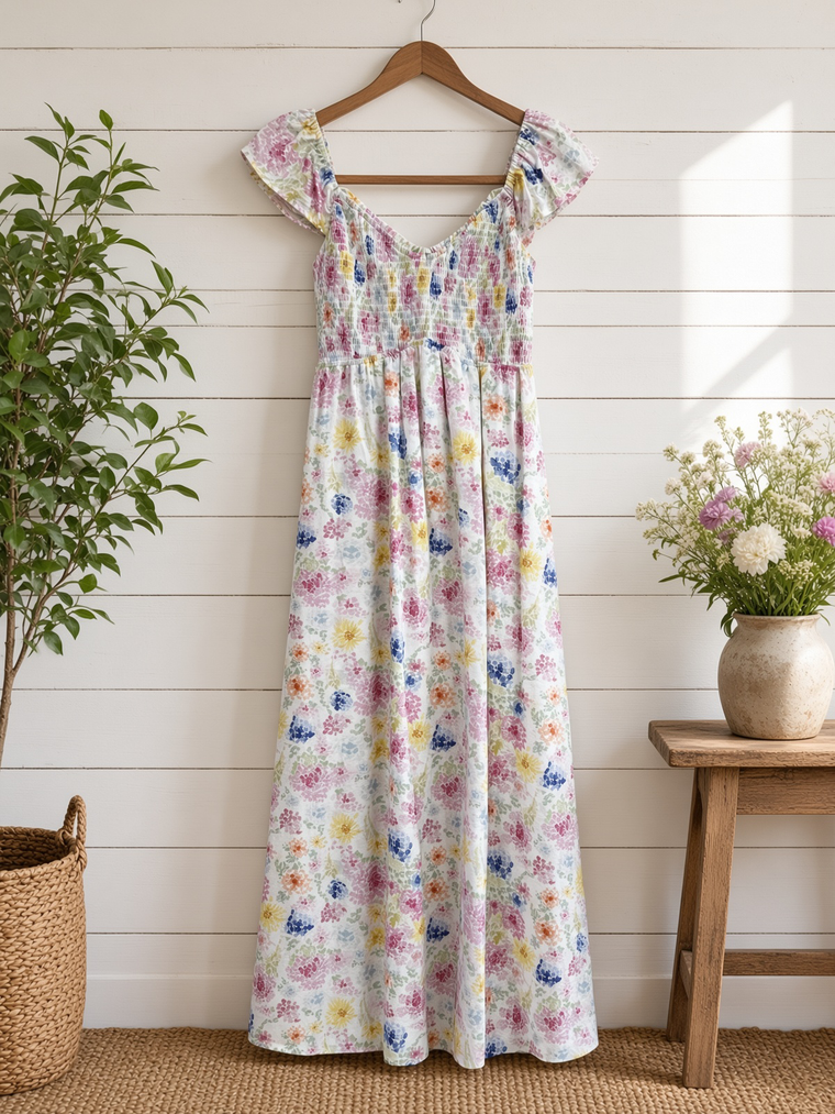 Pop Of Color Floral Smocked Maxi Dress With Bow