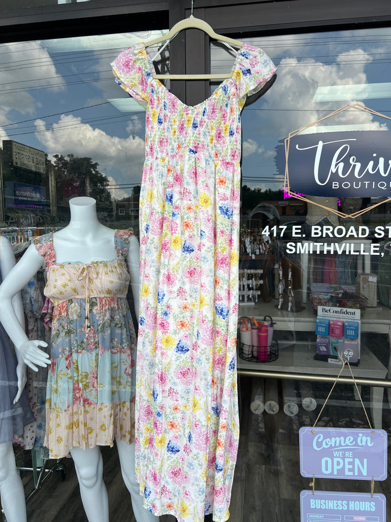 Pop Of Color Floral Smocked Maxi Dress With Bow