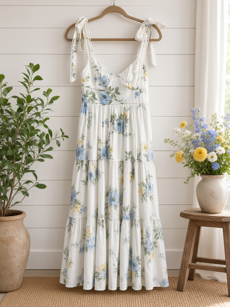 Floral Tie Strap With Scallop Lace Trim Midi Dress