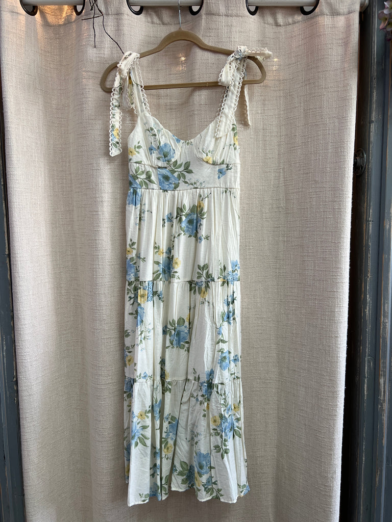 Floral Tie Strap With Scallop Lace Trim Midi Dress