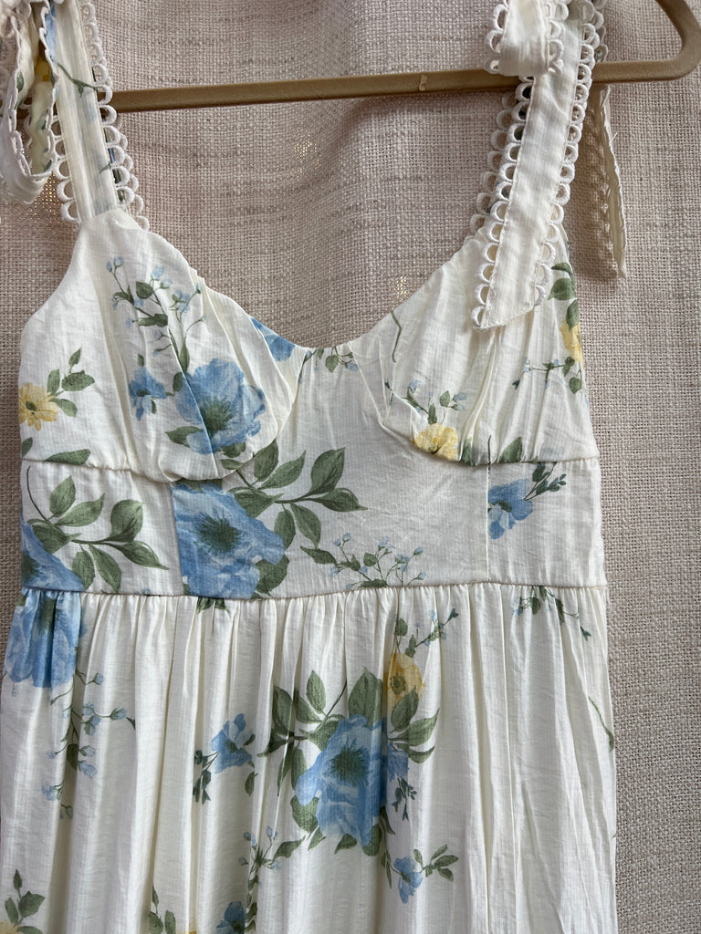 Floral Tie Strap With Scallop Lace Trim Midi Dress