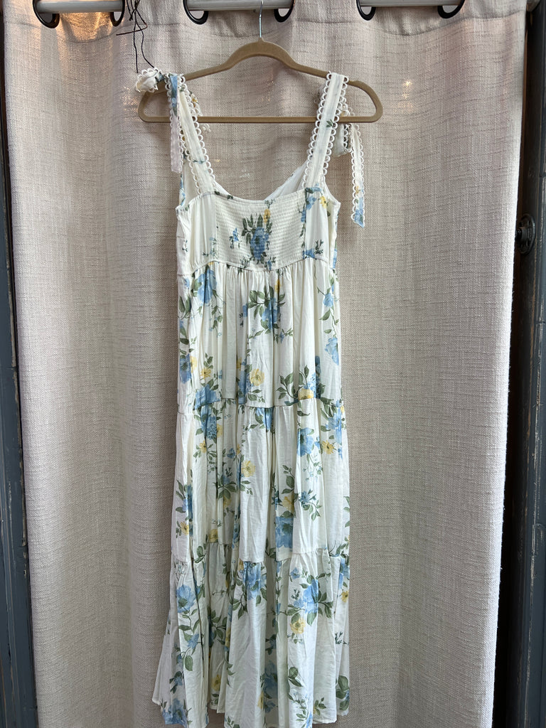 Floral Tie Strap With Scallop Lace Trim Midi Dress
