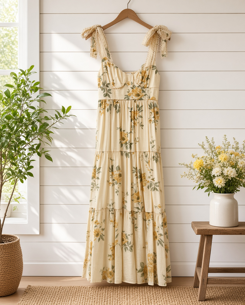 Floral Tie Strap With Scallop Lace Trim Midi Dress