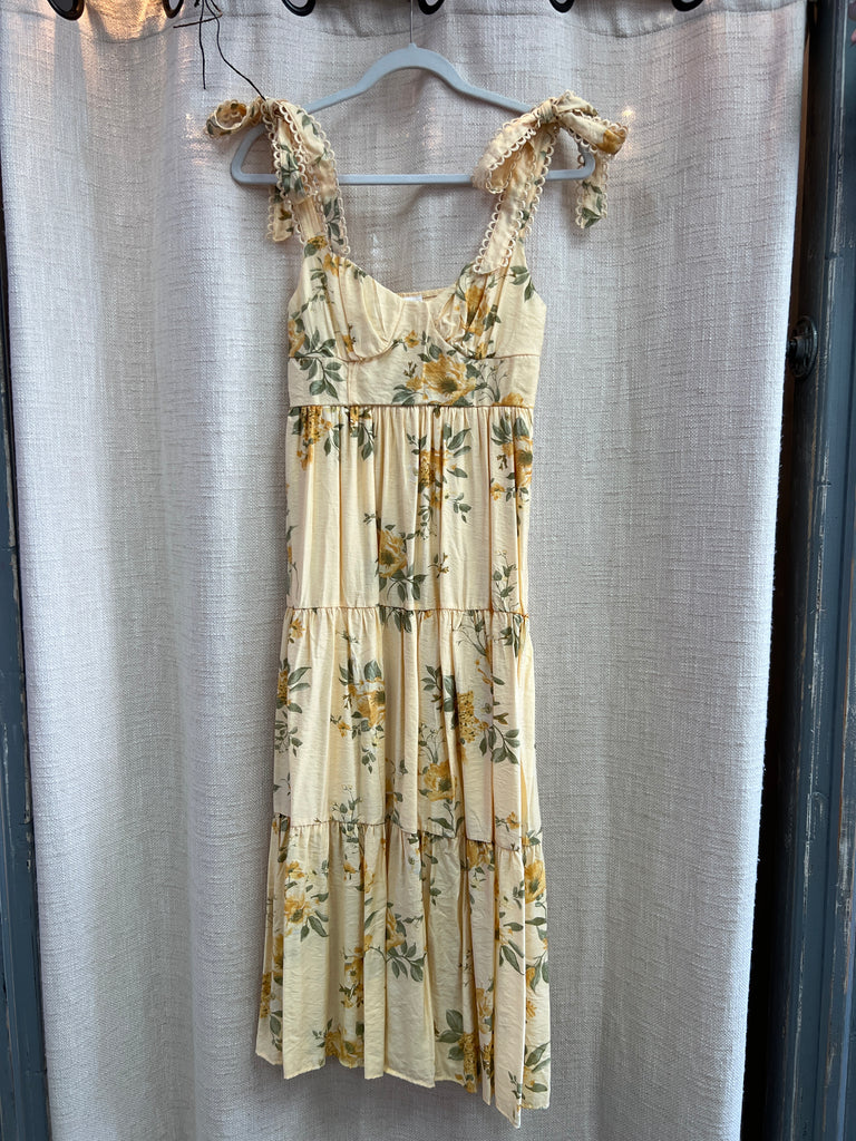 Floral Tie Strap With Scallop Lace Trim Midi Dress