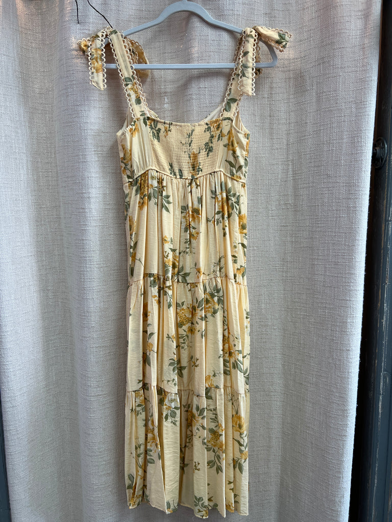 Floral Tie Strap With Scallop Lace Trim Midi Dress