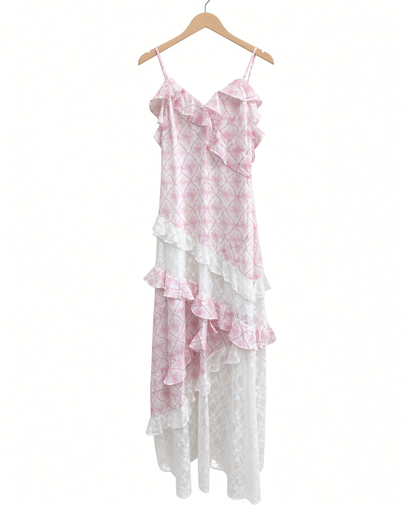 Coquette Printed Lace Mixed Ruffle Maxi Dress(i)