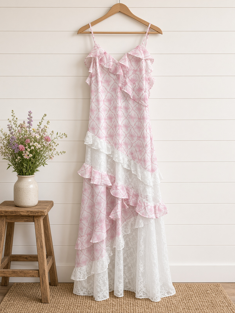 Coquette Printed Lace Mixed Ruffle Maxi Dress(i)