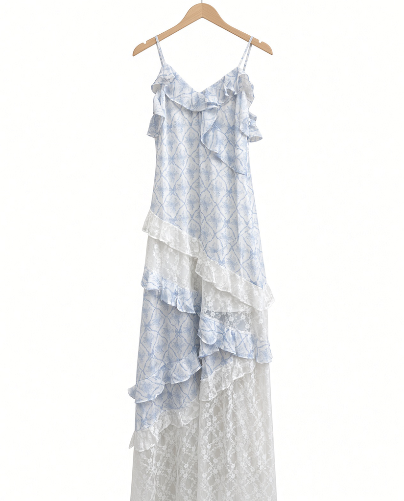 Coquette Printed Lace Mixed Ruffle Maxi Dress(i)