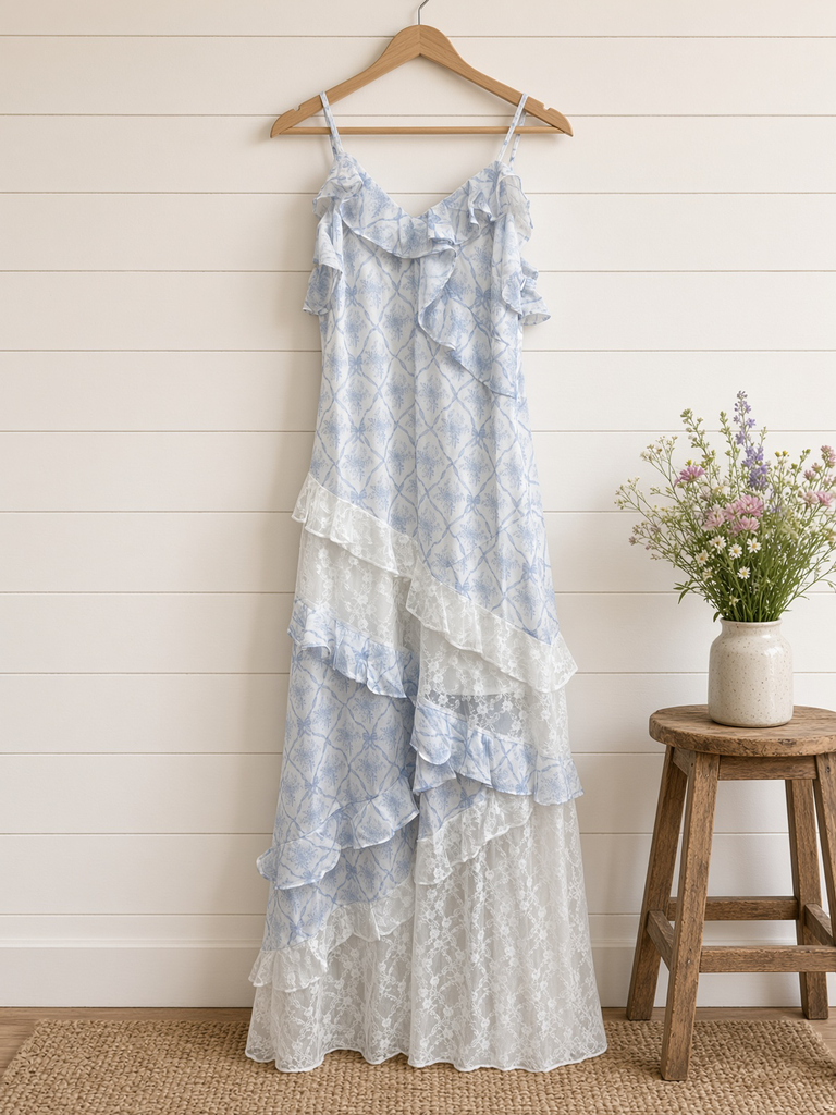 Coquette Printed Lace Mixed Ruffle Maxi Dress(i)