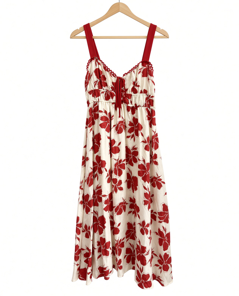 Floral Sweetheart Front Tie With Cutout Midi Dress