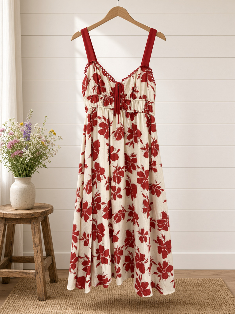 Floral Sweetheart Front Tie With Cutout Midi Dress