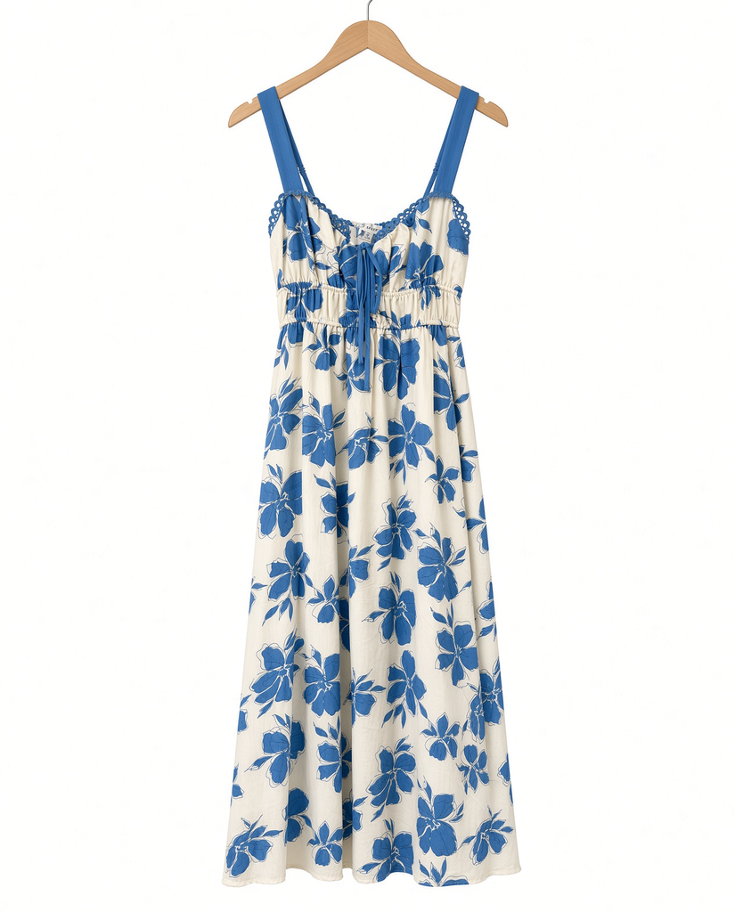 Floral Sweetheart Front Tie With Cutout Midi Dress