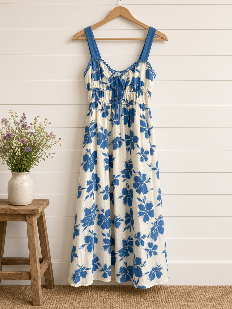 Floral Sweetheart Front Tie With Cutout Midi Dress