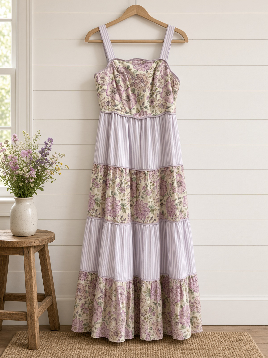 Dreamy Ideal Florals And Stripes Tiered Midi Dress