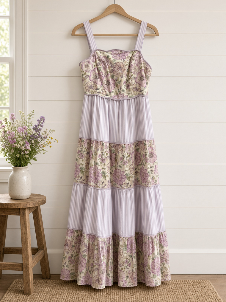 Dreamy Ideal Florals And Stripes Tiered Midi Dress