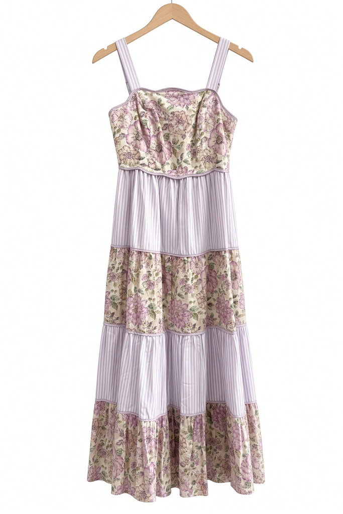 Dreamy Ideal Florals And Stripes Tiered Midi Dress