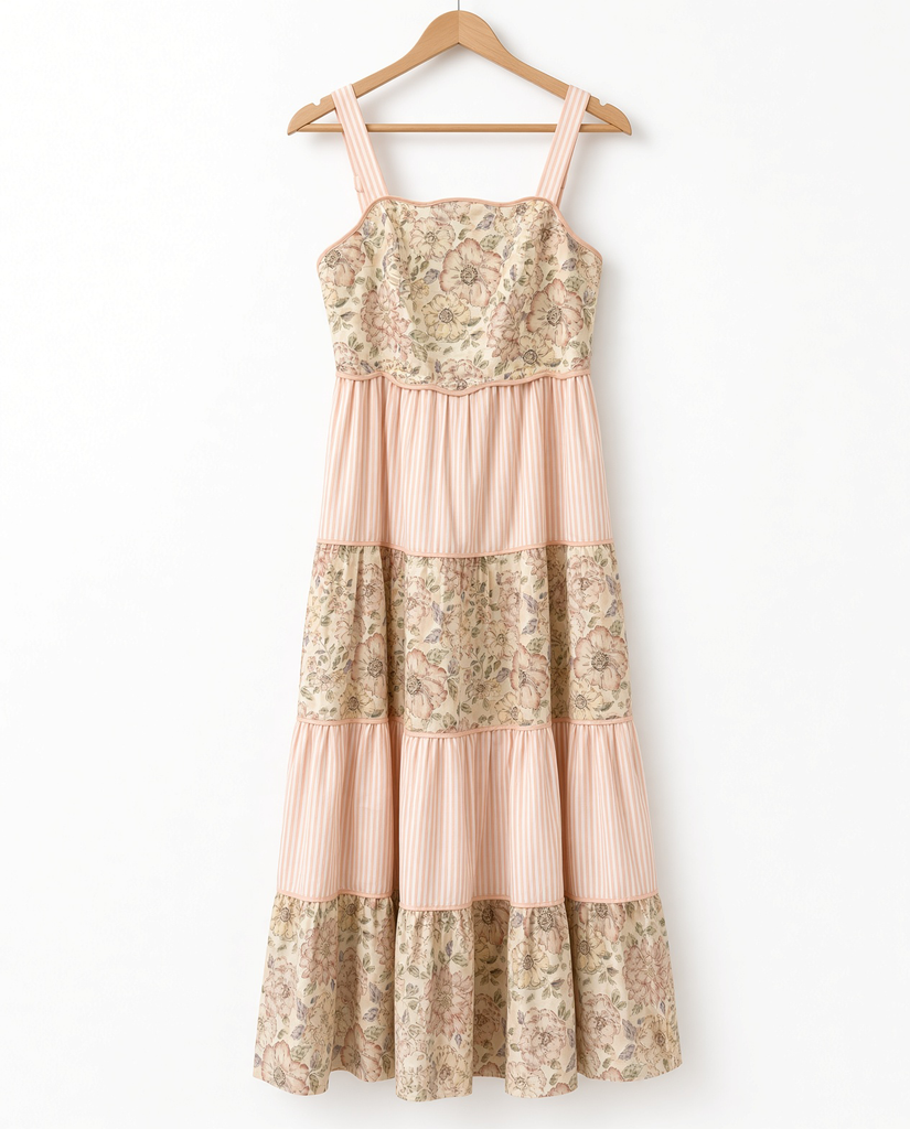 Dreamy Ideal Florals And Stripes Tiered Midi Dress