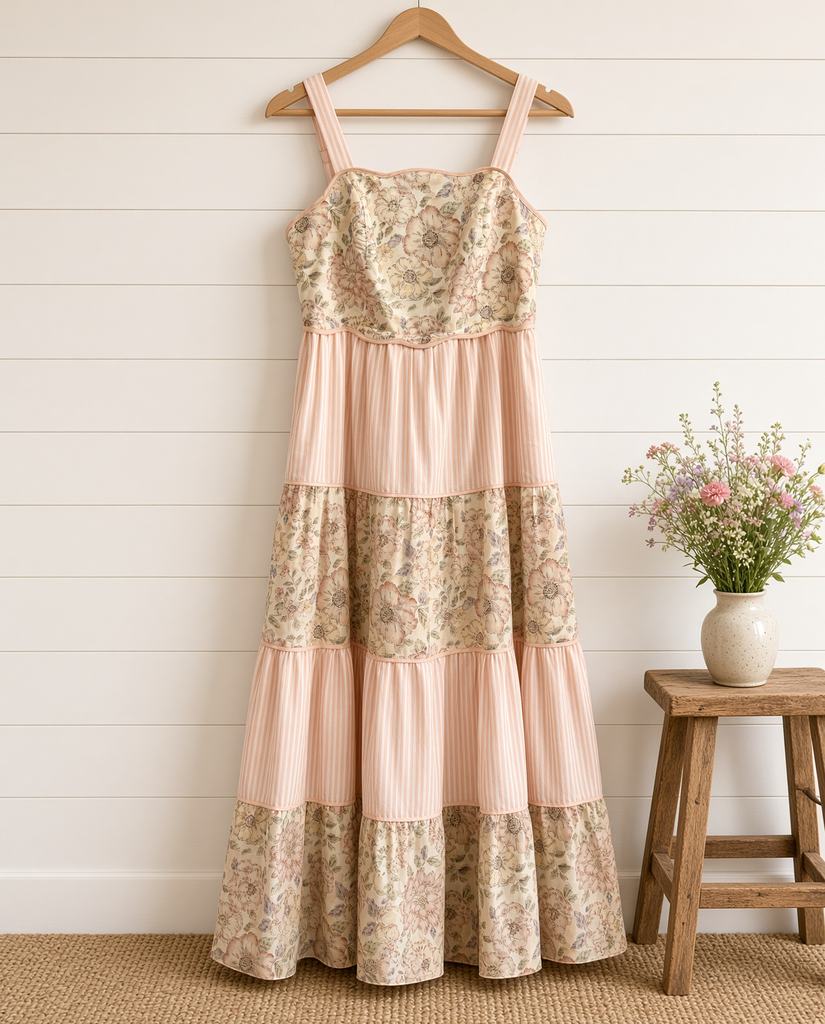 Dreamy Ideal Florals And Stripes Tiered Midi Dress