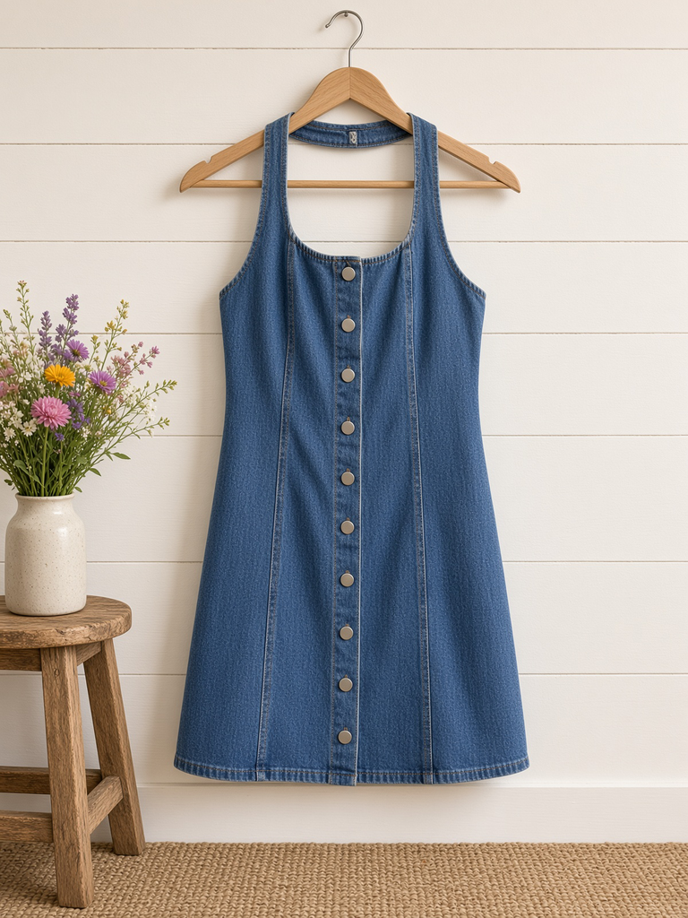 Halter Neck Denim Mini Dress