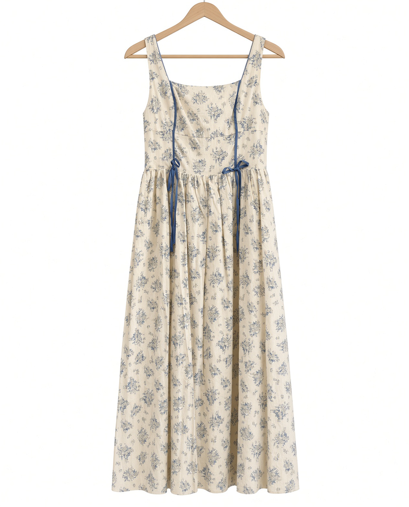 Floral Print Square Neck Contrast Pipinig Dress