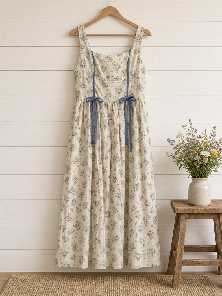 Floral Print Square Neck Contrast Pipinig Dress