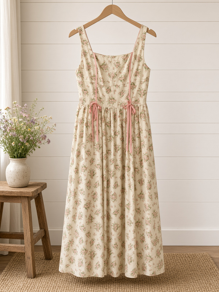 Floral Print Square Neck Contrast Pipinig Dress