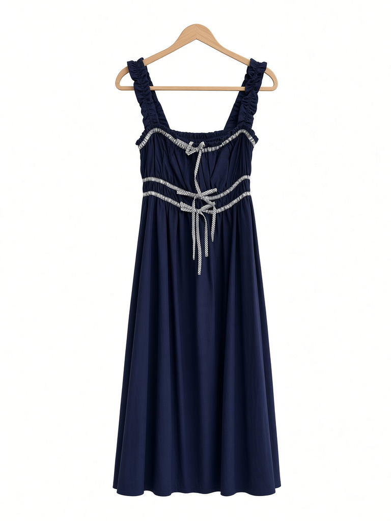 Shirred Stripe Front Tie Sleeveless Midi Dress