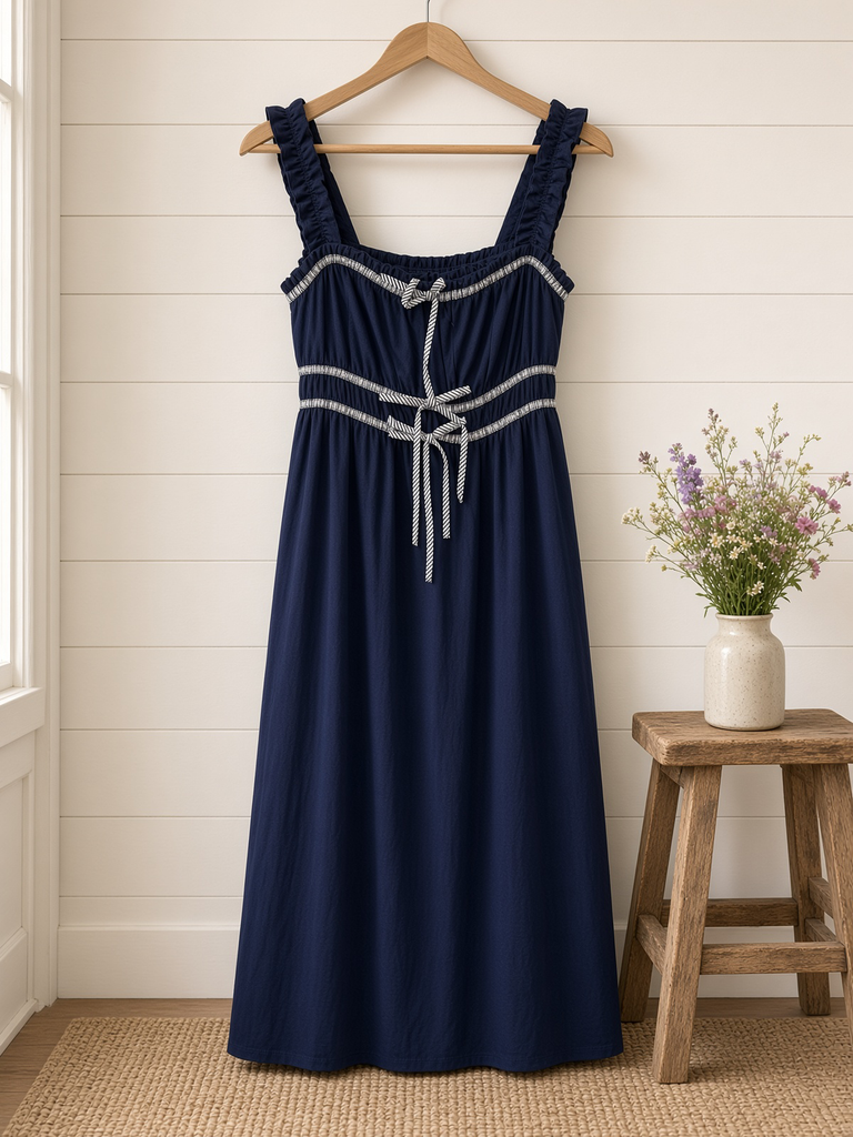 Shirred Stripe Front Tie Sleeveless Midi Dress