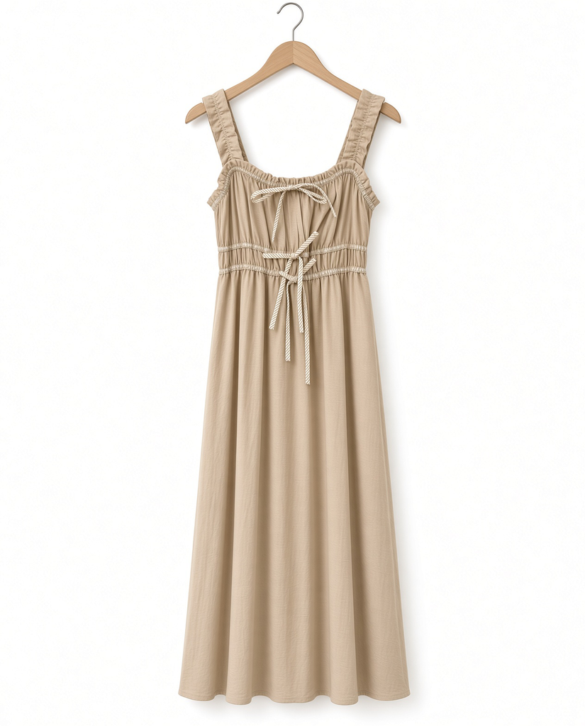 Shirred Stripe Front Tie Sleeveless Midi Dress