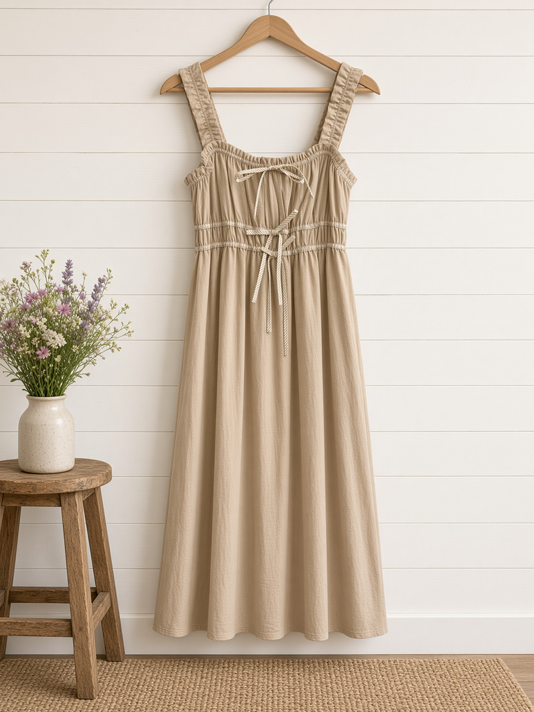 Shirred Stripe Front Tie Sleeveless Midi Dress