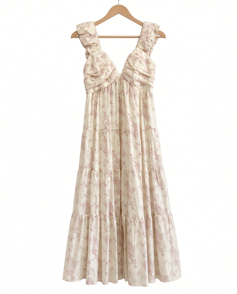 Floral Print Ruched Pleated Detail Midi Dress