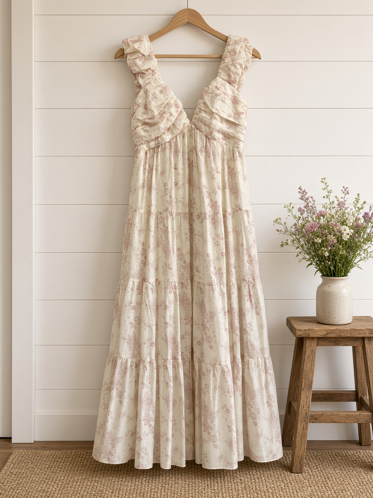 Floral Print Ruched Pleated Detail Midi Dress