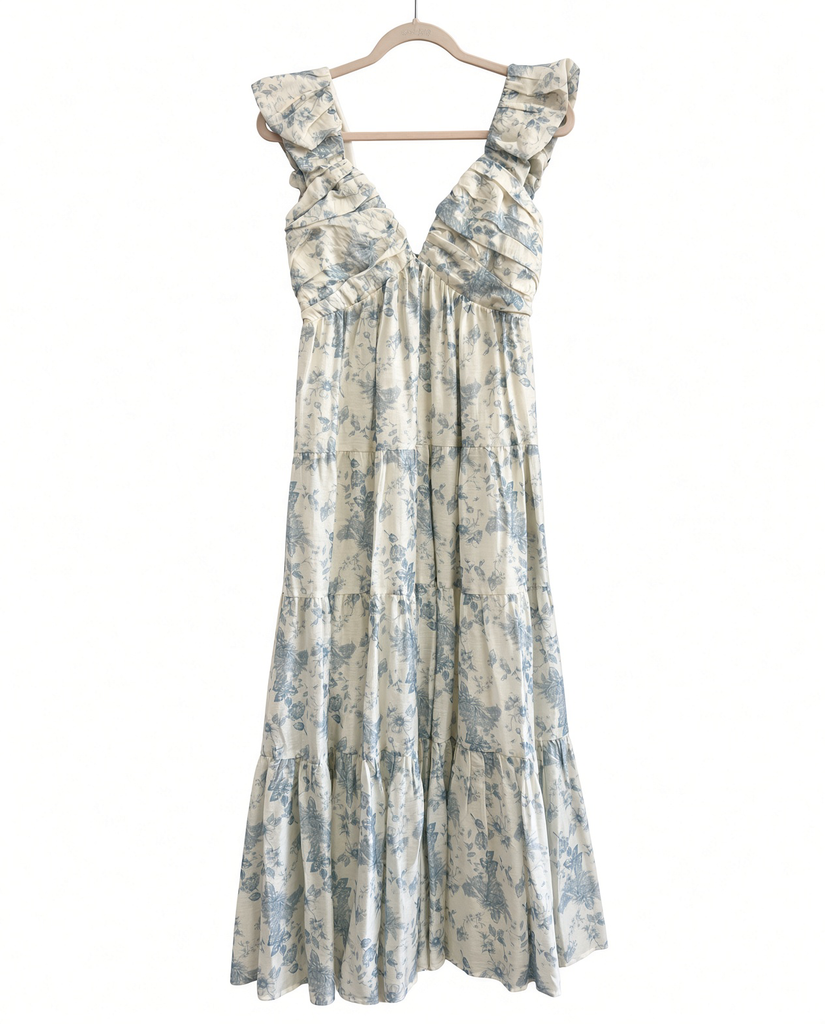 Floral Print Ruched Pleated Detail Midi Dress