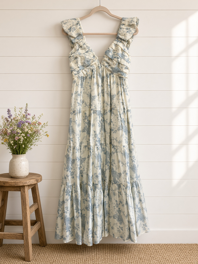 Floral Print Ruched Pleated Detail Midi Dress