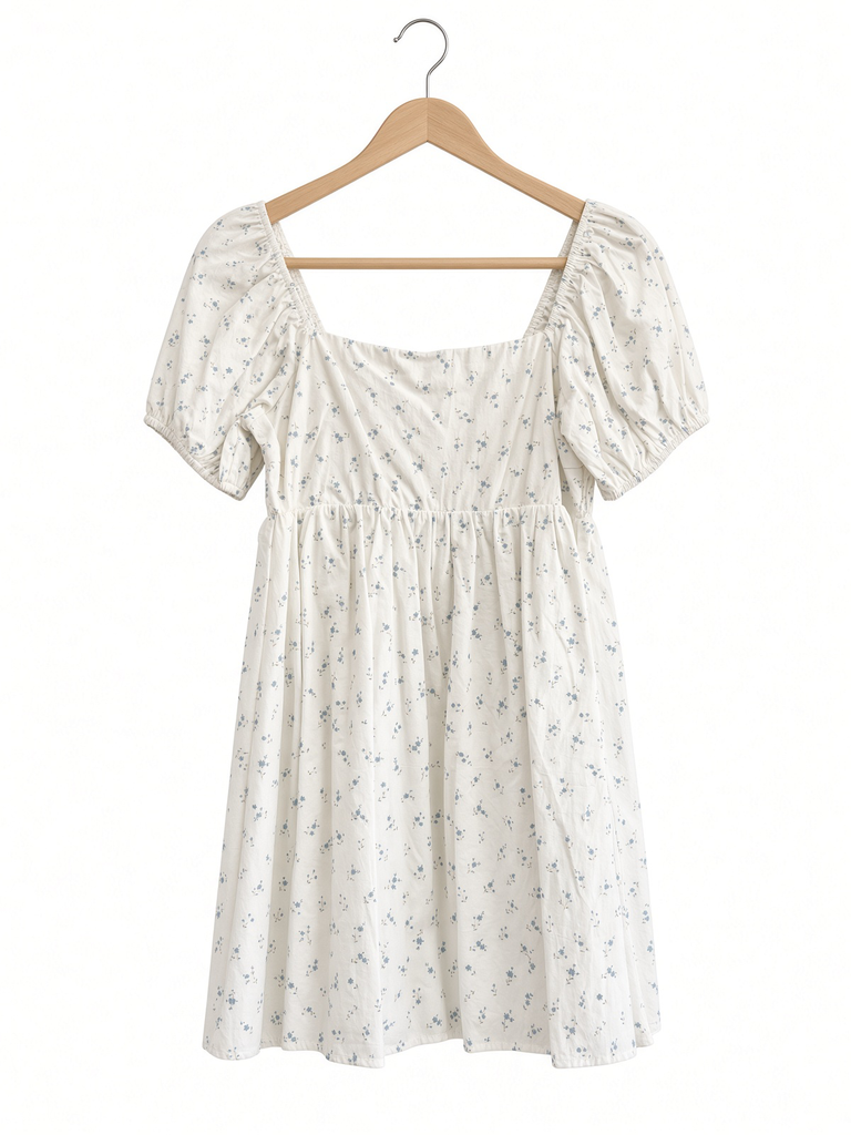 Puff Short Sleeve Square Neck Baby Doll Mini Dress