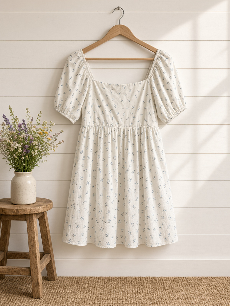 Puff Short Sleeve Square Neck Baby Doll Mini Dress