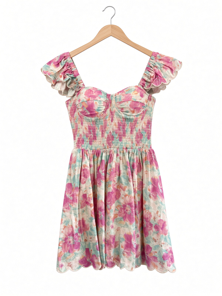 Floral Print Ruffle Sleeve Smocked Mini Dress