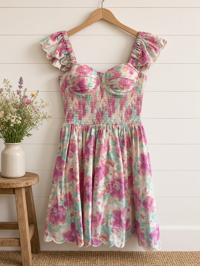Floral Print Ruffle Sleeve Smocked Mini Dress