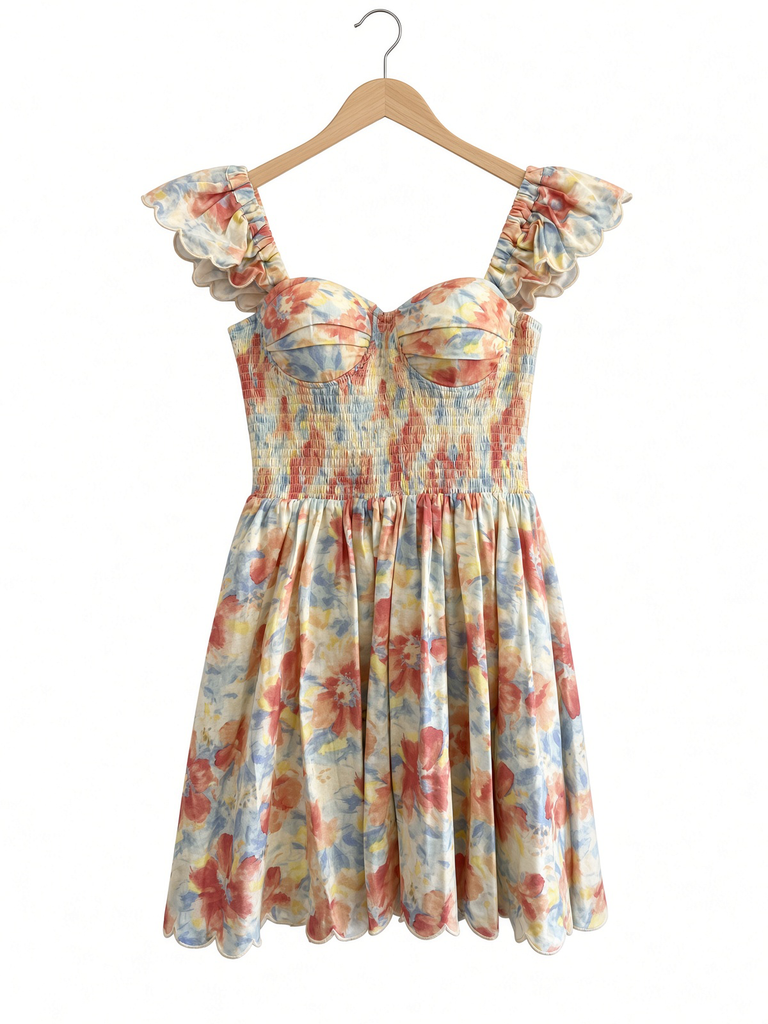 Floral Print Ruffle Sleeve Smocked Mini Dress
