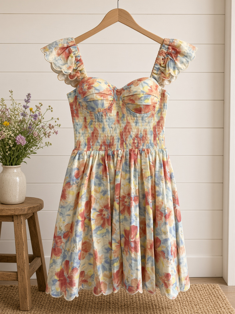 Floral Print Ruffle Sleeve Smocked Mini Dress